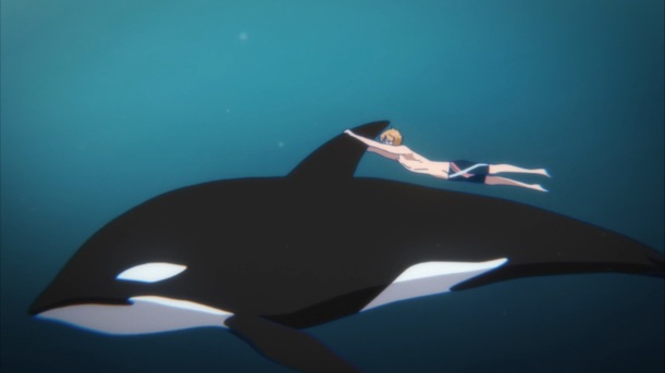 Nagisa imagines swiming with a killer whale as he swims at nationals.
