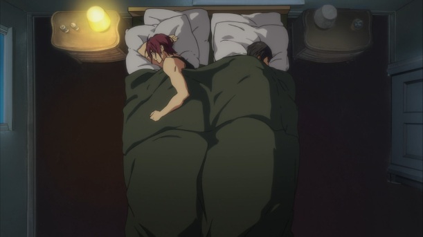 Rin and Haruka reluctantly sleep in the same bed.